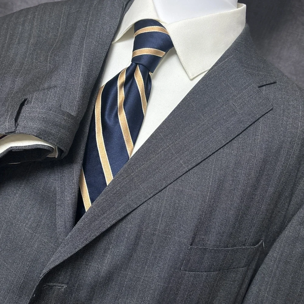 Marks Spencer Suit 48R 40x31‎ Gray Windowpane Herringbone Wool England 50R 50L